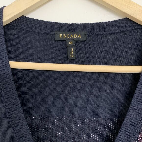 Escada Womens Medium Navy Wool Long Cardigan with Chainmail Accents Italy - Picture 2 of 7